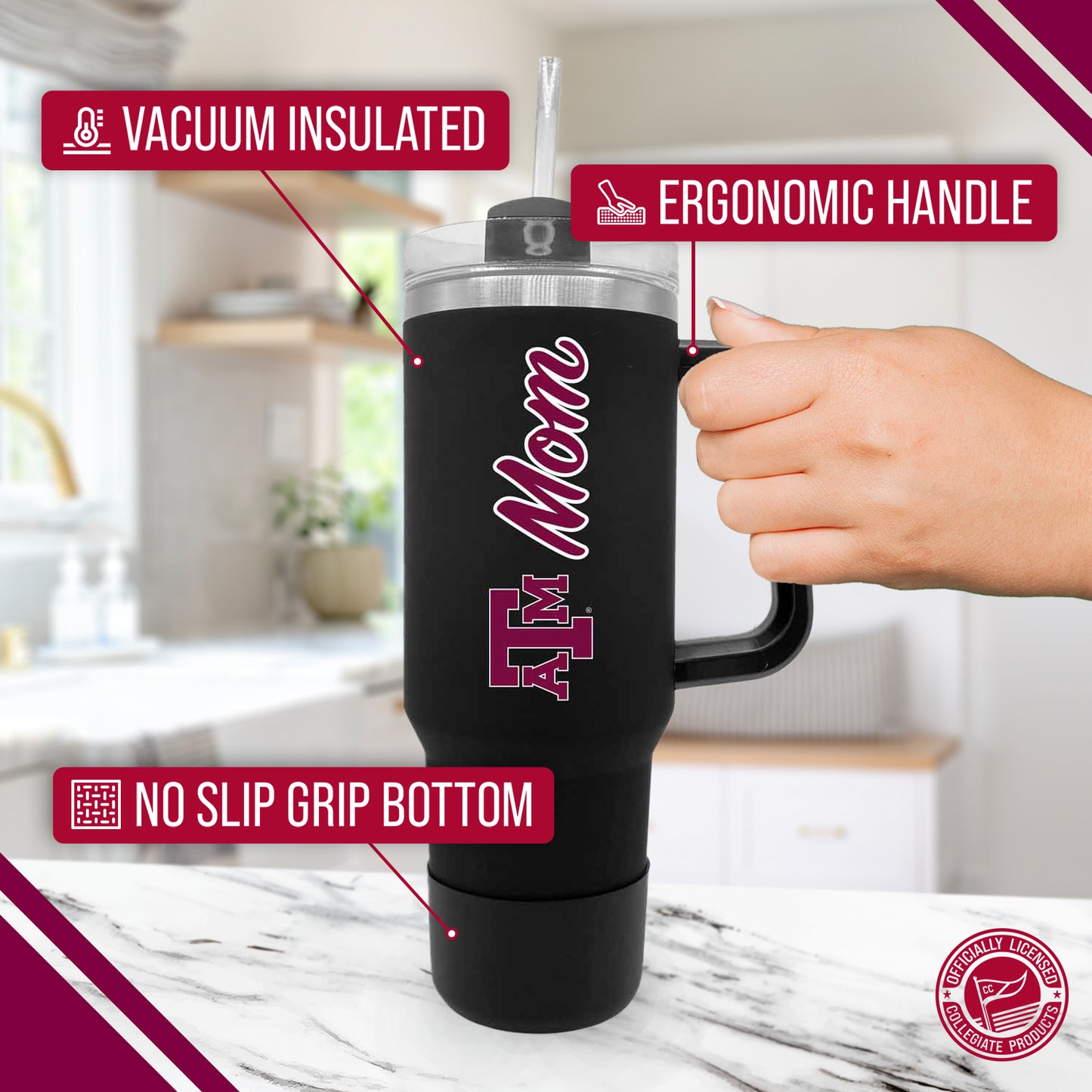 Texas A&M Aggies Collegiate 40oz Stainless Steel Travel Tumbler with Handle for Mom - Black