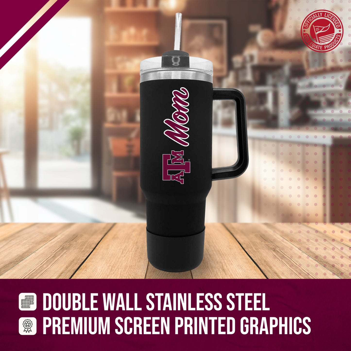 Texas A&M Aggies Collegiate 40oz Stainless Steel Travel Tumbler with Handle for Mom - Black