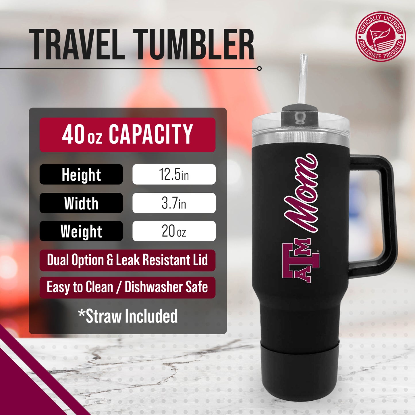 Texas A&M Aggies Collegiate 40oz Stainless Steel Travel Tumbler with Handle for Mom - Black