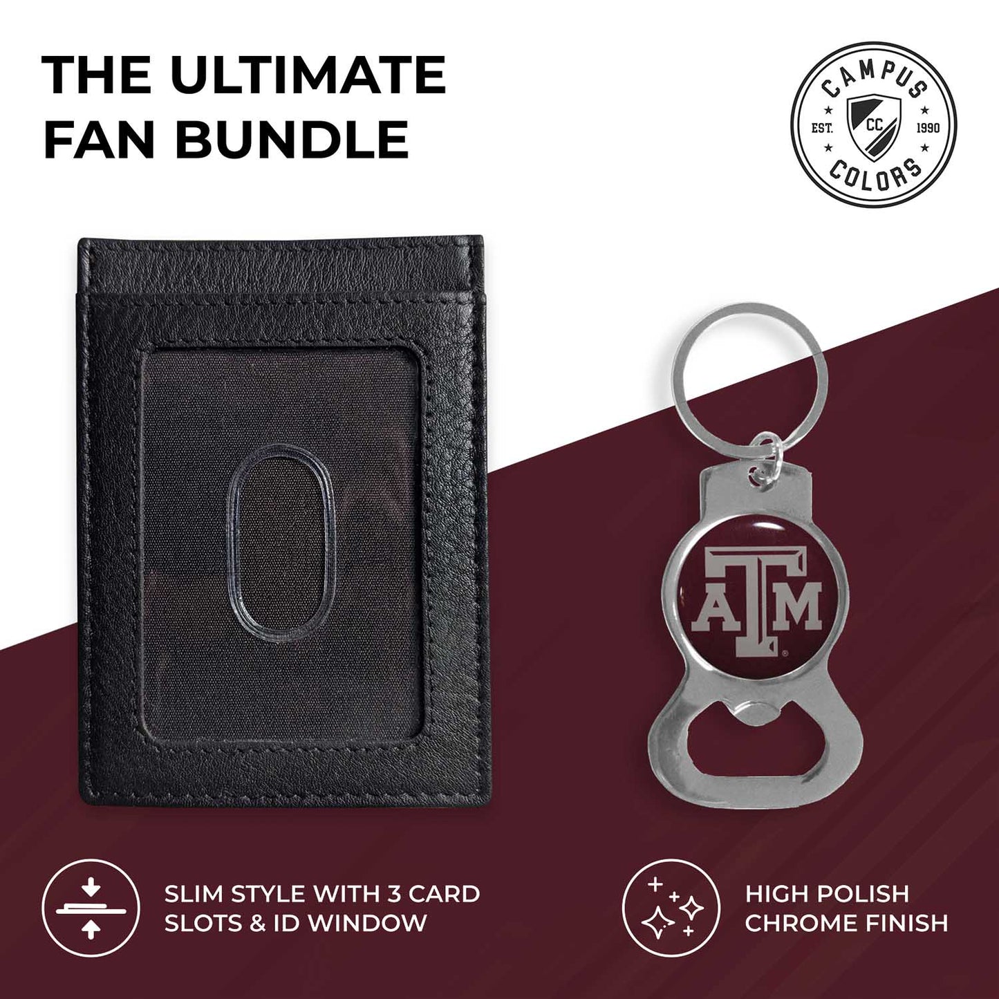 Texas A&M Aggies School Logo Leather Card/Cash Holder and Bottle Opener Keychain Bundle - Black