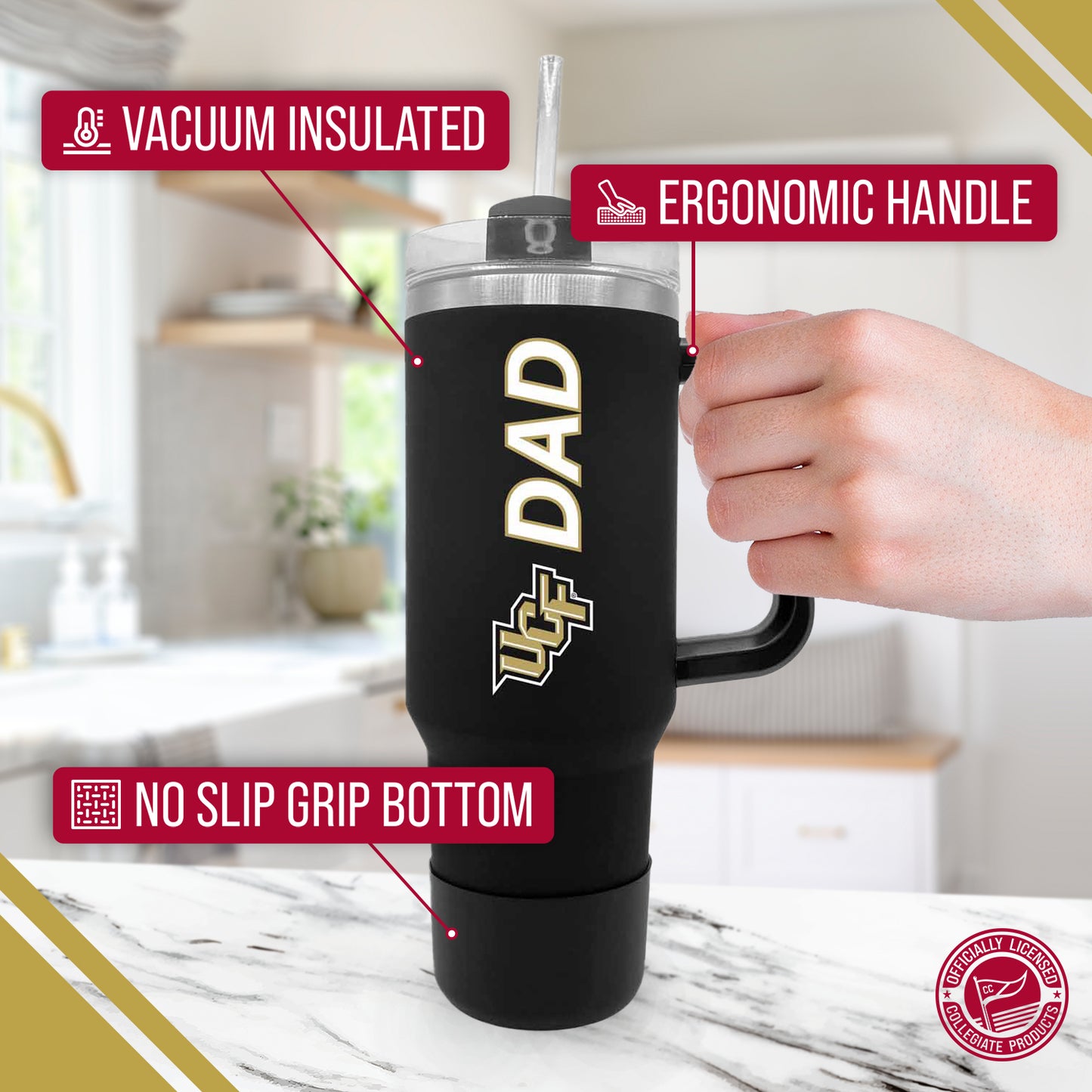 Central Florida Knights Collegiate 40oz Stainless Steel Travel Tumbler with Handle for Dad - Black
