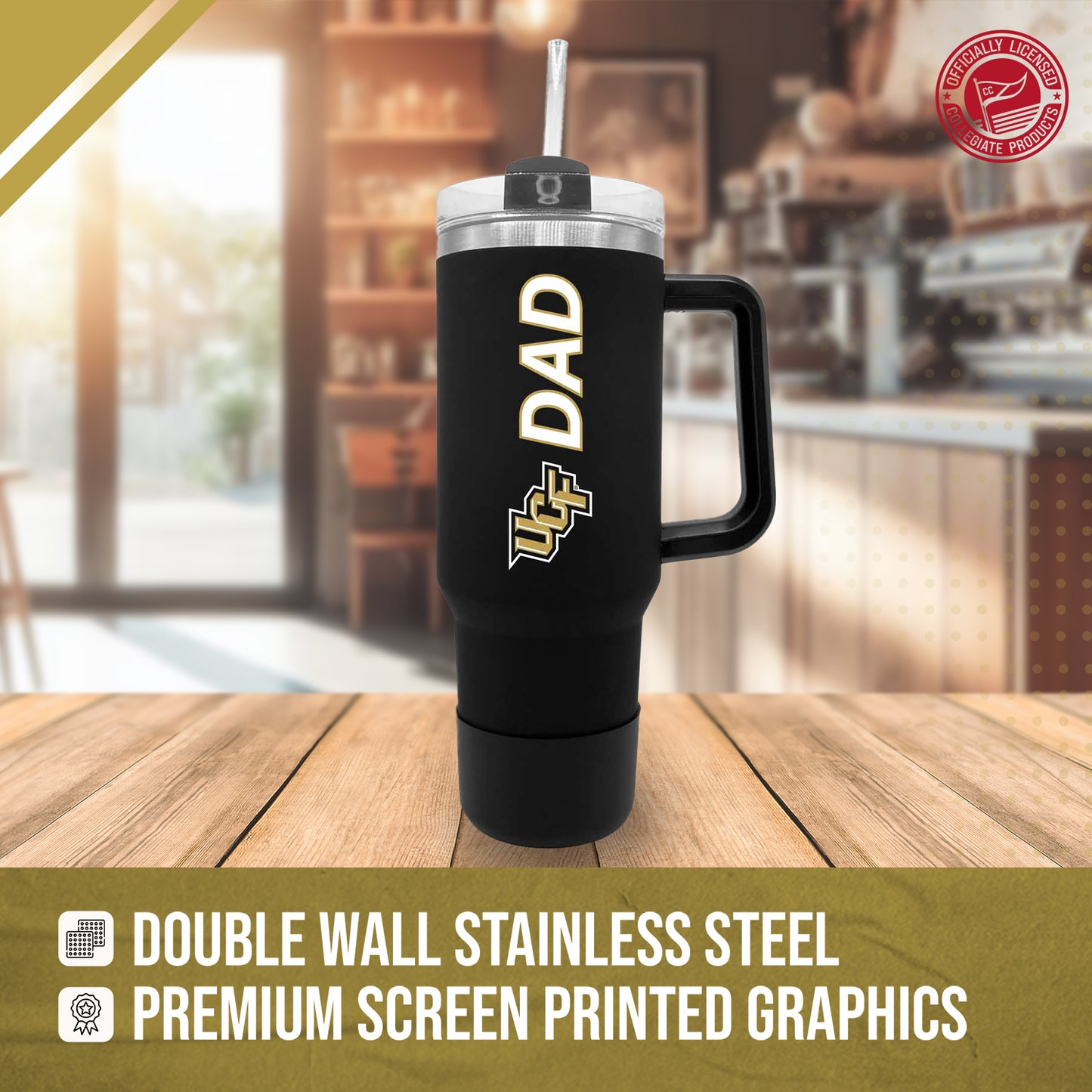 Central Florida Knights Collegiate 40oz Stainless Steel Travel Tumbler with Handle for Dad - Black