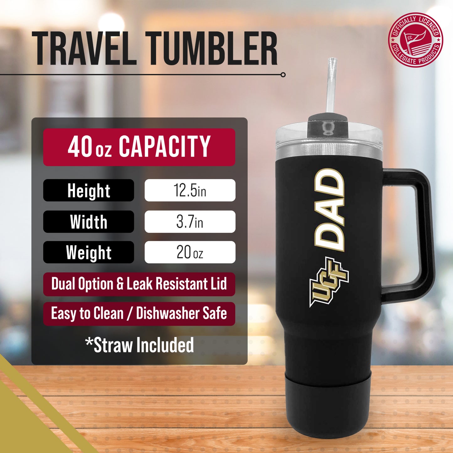 Central Florida Knights Collegiate 40oz Stainless Steel Travel Tumbler with Handle for Dad - Black