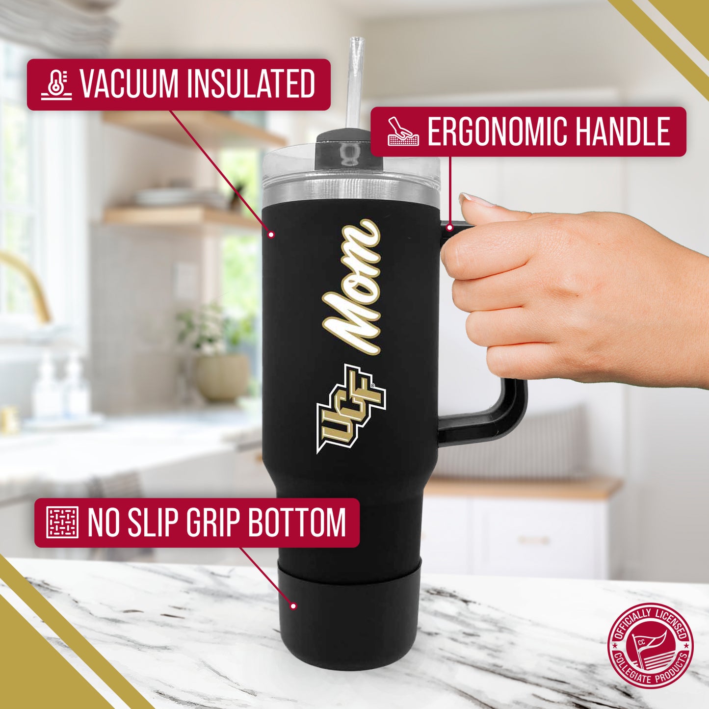 Central Florida Knights Collegiate 40oz Stainless Steel Travel Tumbler with Handle for Mom - Black