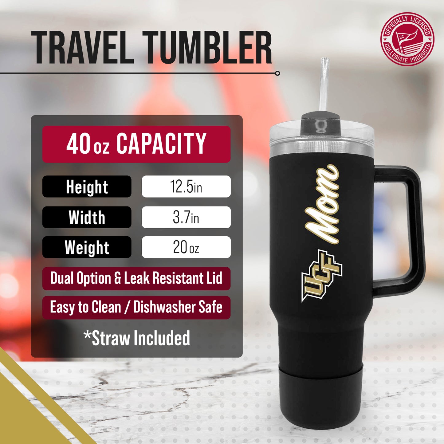 Central Florida Knights Collegiate 40oz Stainless Steel Travel Tumbler with Handle for Mom - Black