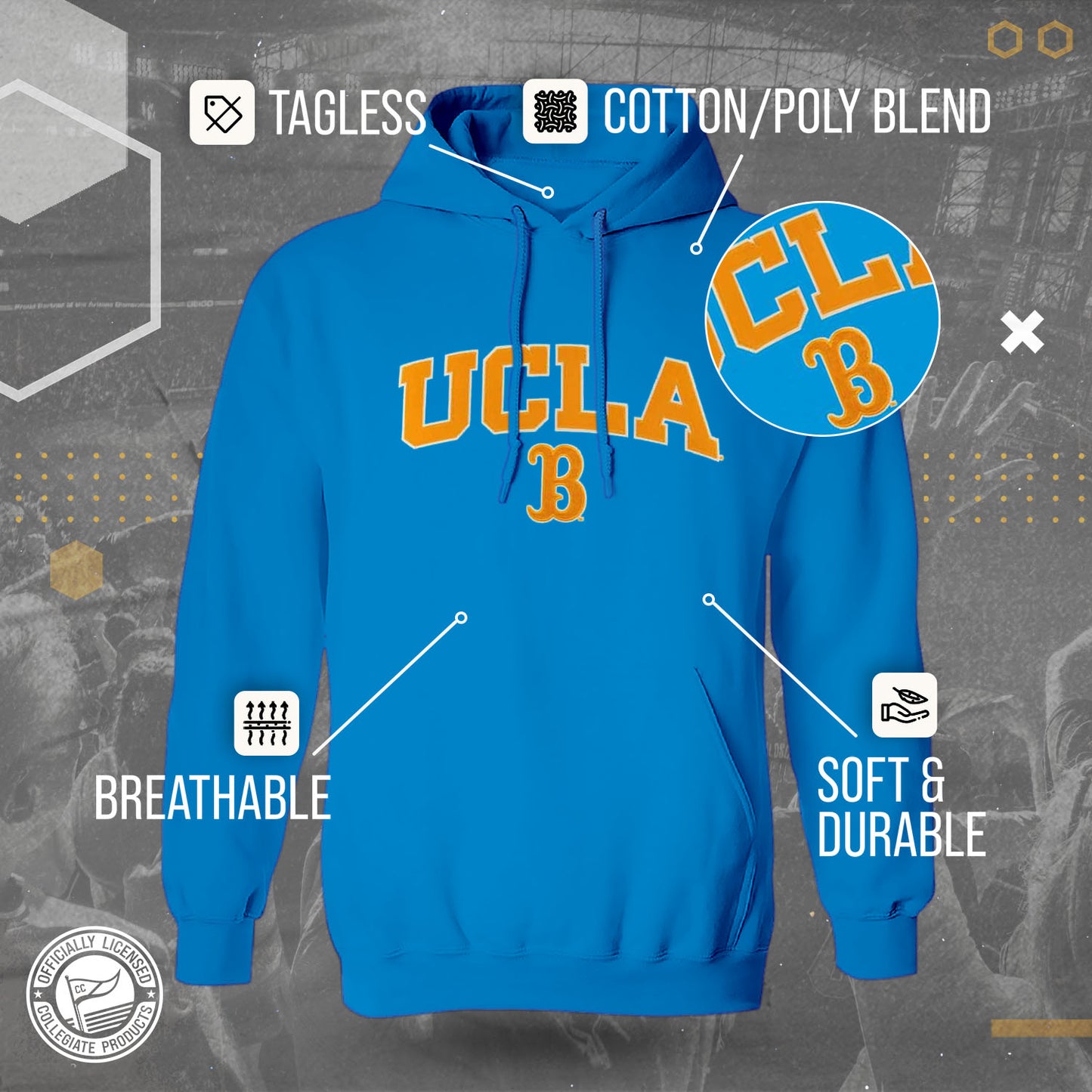 UCLA Bruins NCAA Adult Tackle Twill Hooded Sweatshirt - Light Blue