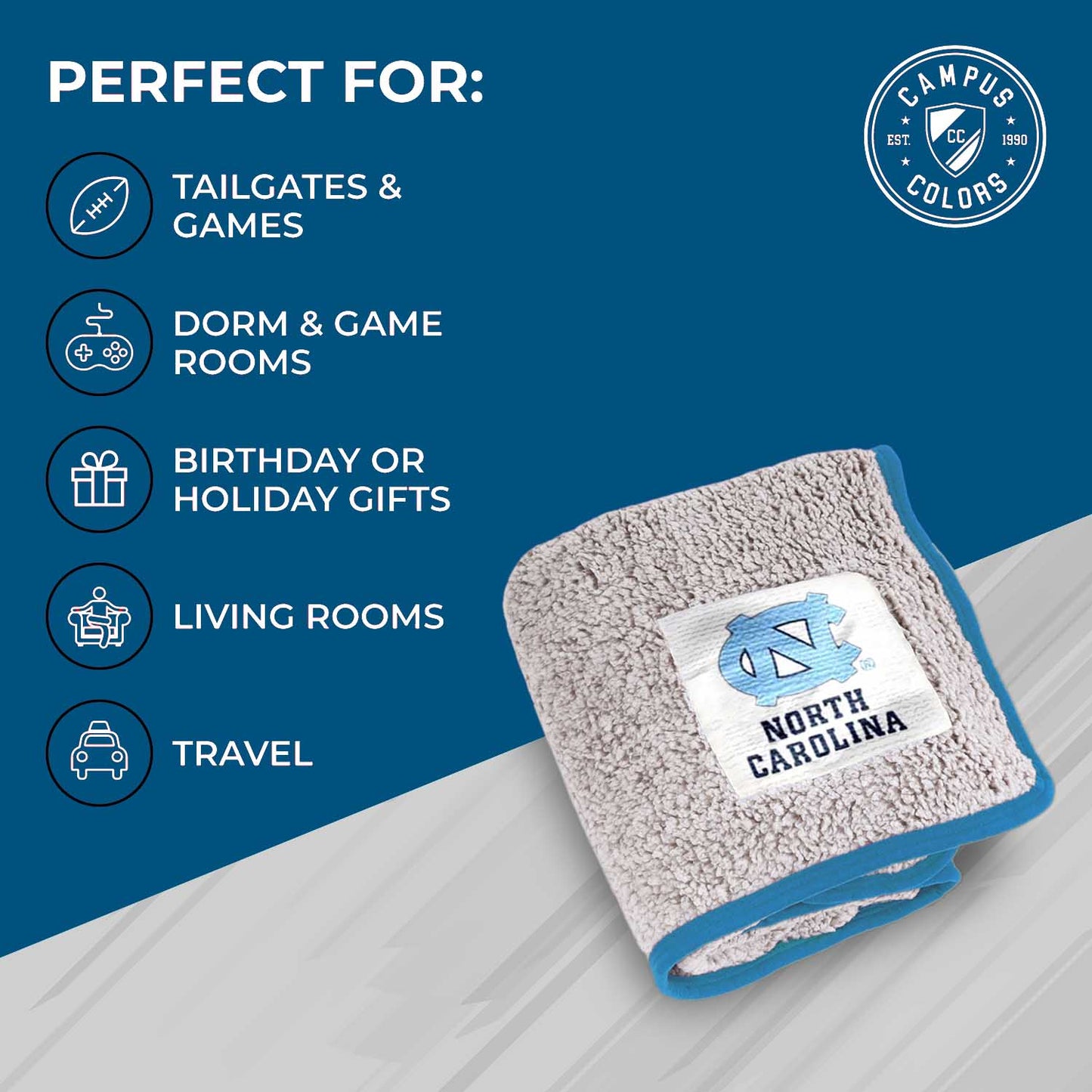 North Carolina Tar Heels NCAA Silk Sherpa College Throw Blanket - Carolina Blue