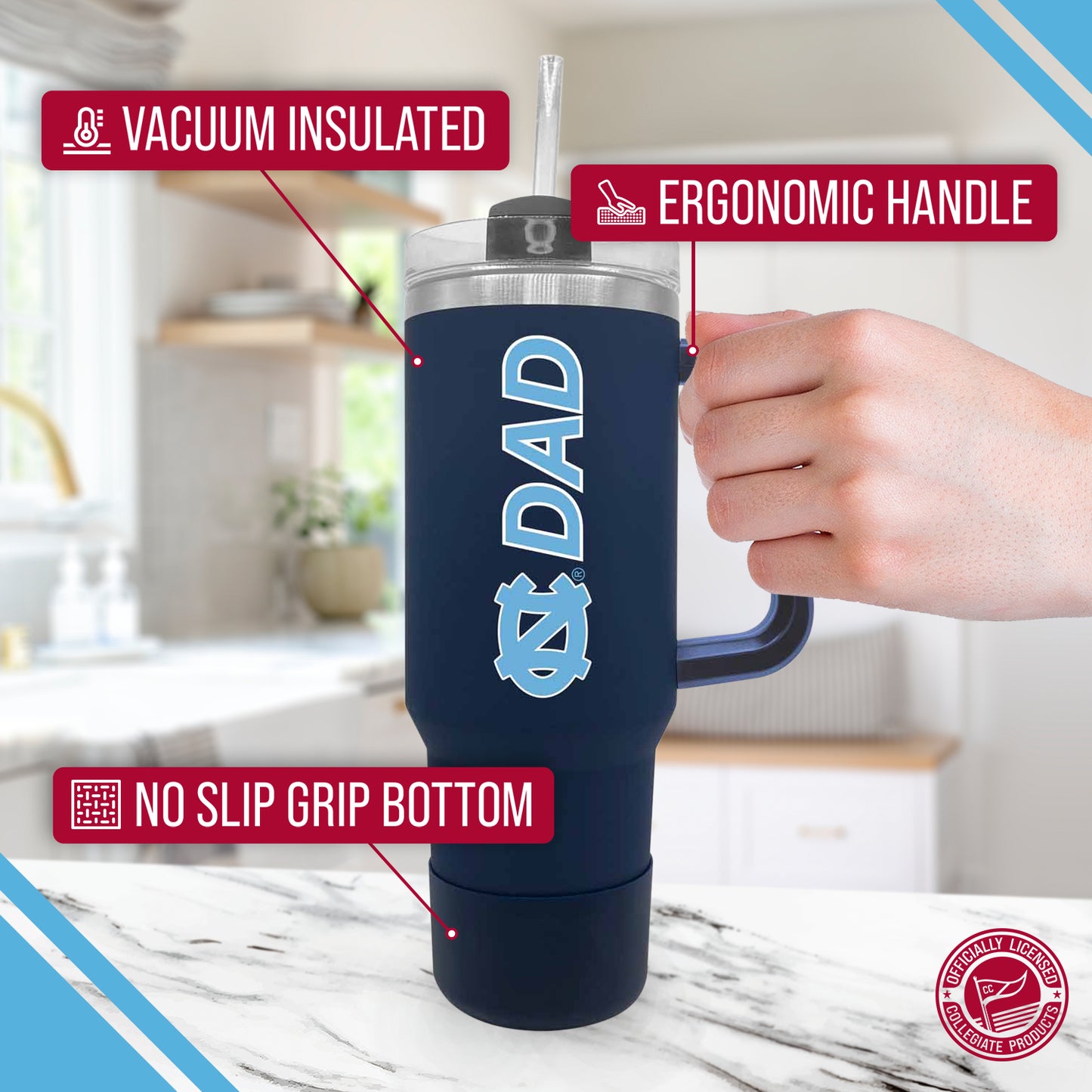North Carolina Tar Heels Collegiate 40oz Stainless Steel Travel Tumbler with Handle for Dad - Navy