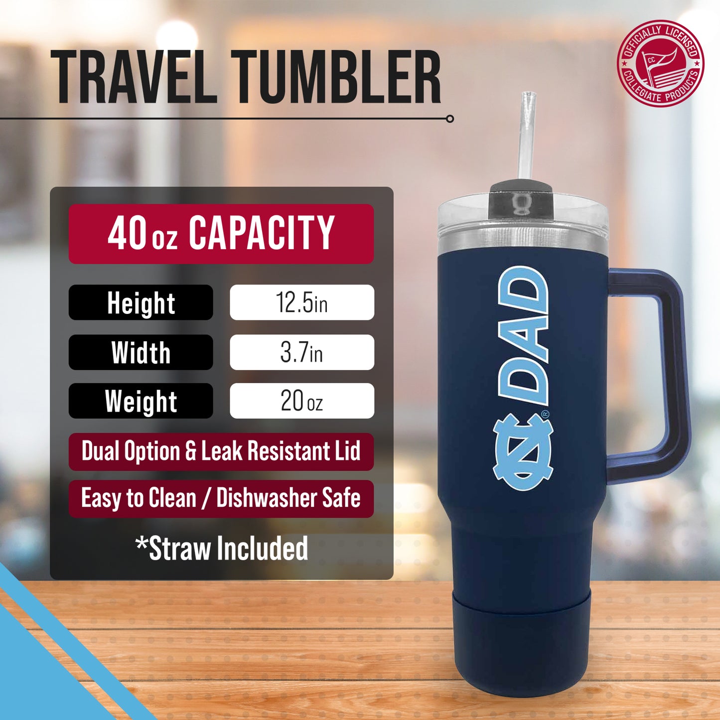 North Carolina Tar Heels Collegiate 40oz Stainless Steel Travel Tumbler with Handle for Dad - Navy