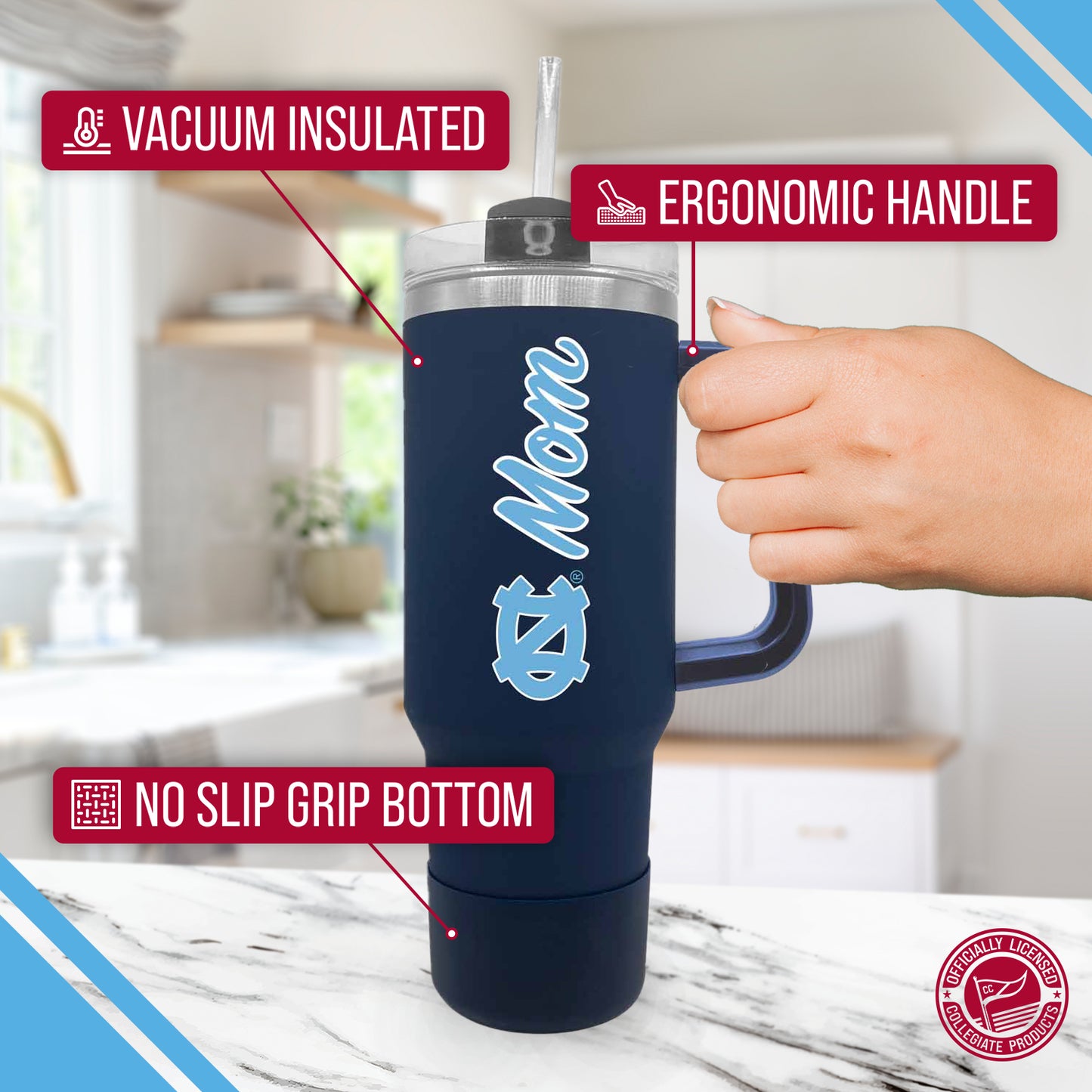 North Carolina Tar Heels Collegiate 40oz Stainless Steel Travel Tumbler with Handle for Mom - Navy