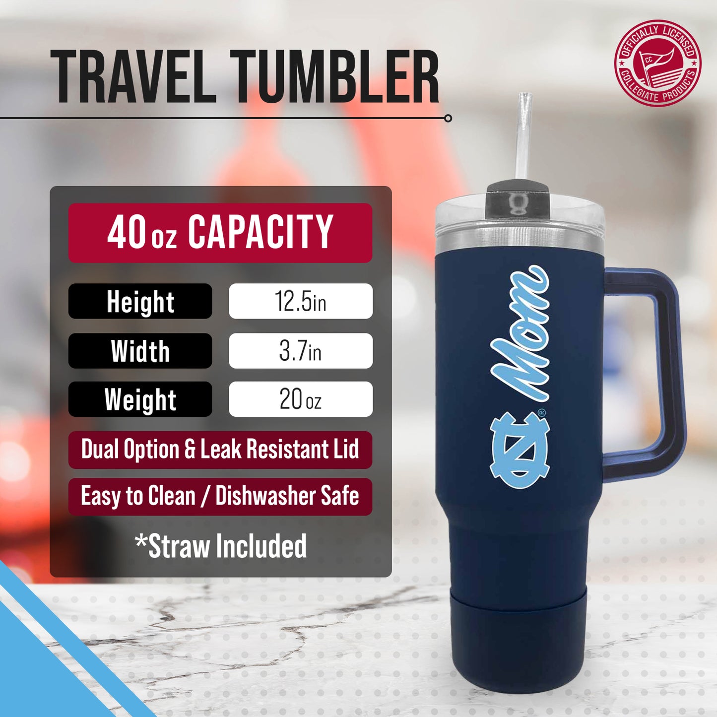 North Carolina Tar Heels Collegiate 40oz Stainless Steel Travel Tumbler with Handle for Mom - Navy
