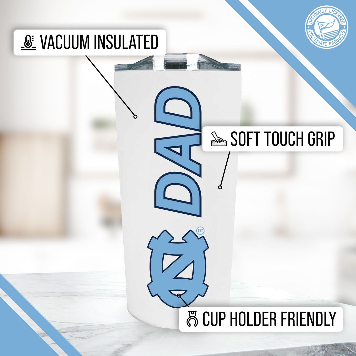 North Carolina Tar Heels NCAA Stainless Steel Travel Tumbler for Dad - White