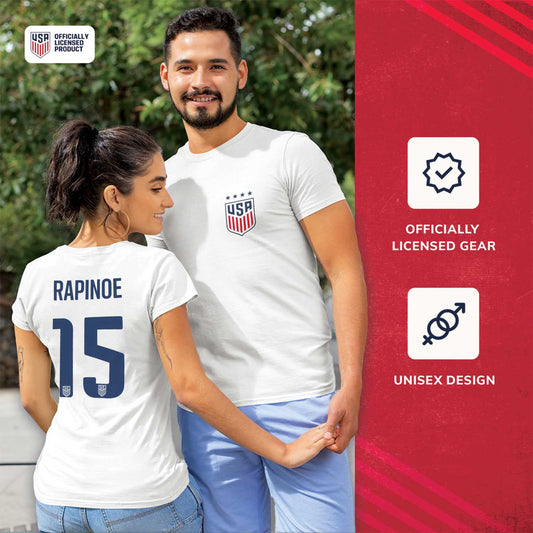 USA National Team The Victory Officially Licensed US Adult Women's National Soccer Team Megan Rapinoe Name & Number T-Shirt - White #15