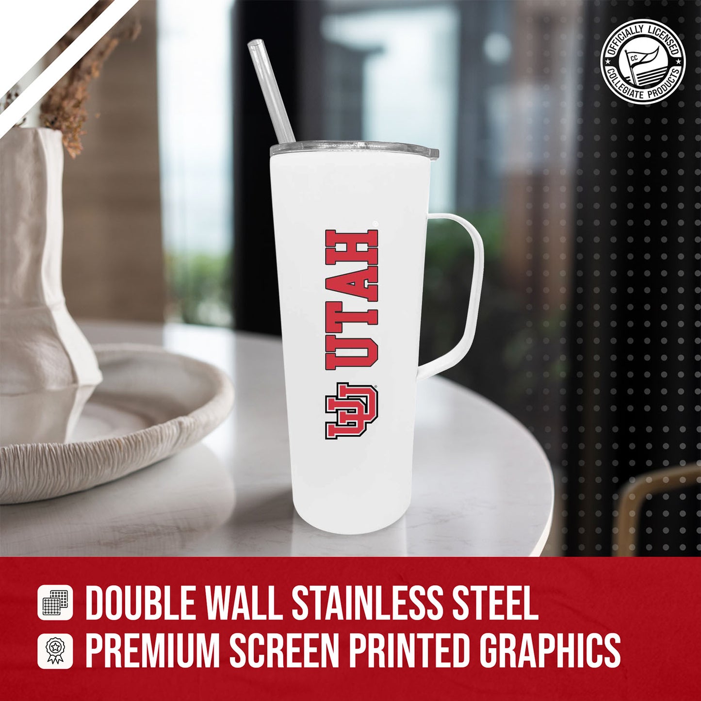Utah Utes NCAA Stainless Steel 20oz Roadie With Handle & Dual Option Lid With Straw - White