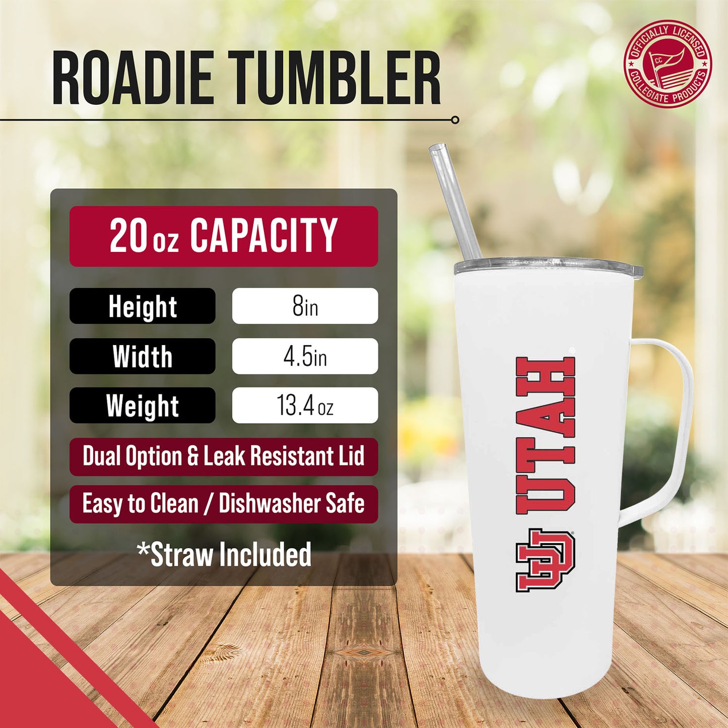 Utah Utes NCAA Stainless Steel 20oz Roadie With Handle & Dual Option Lid With Straw - White