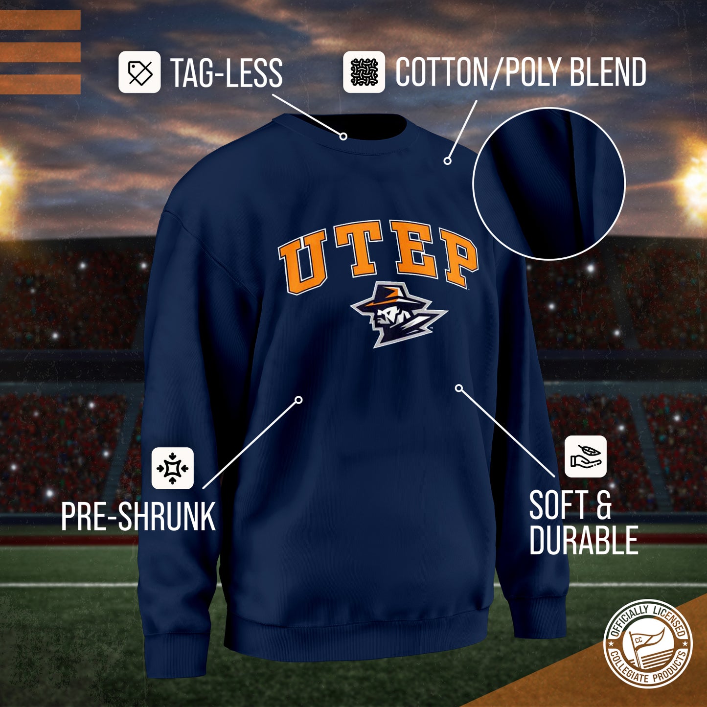 UTEP Miners Adult Arch & Logo Soft Style Gameday Crewneck Sweatshirt - Navy