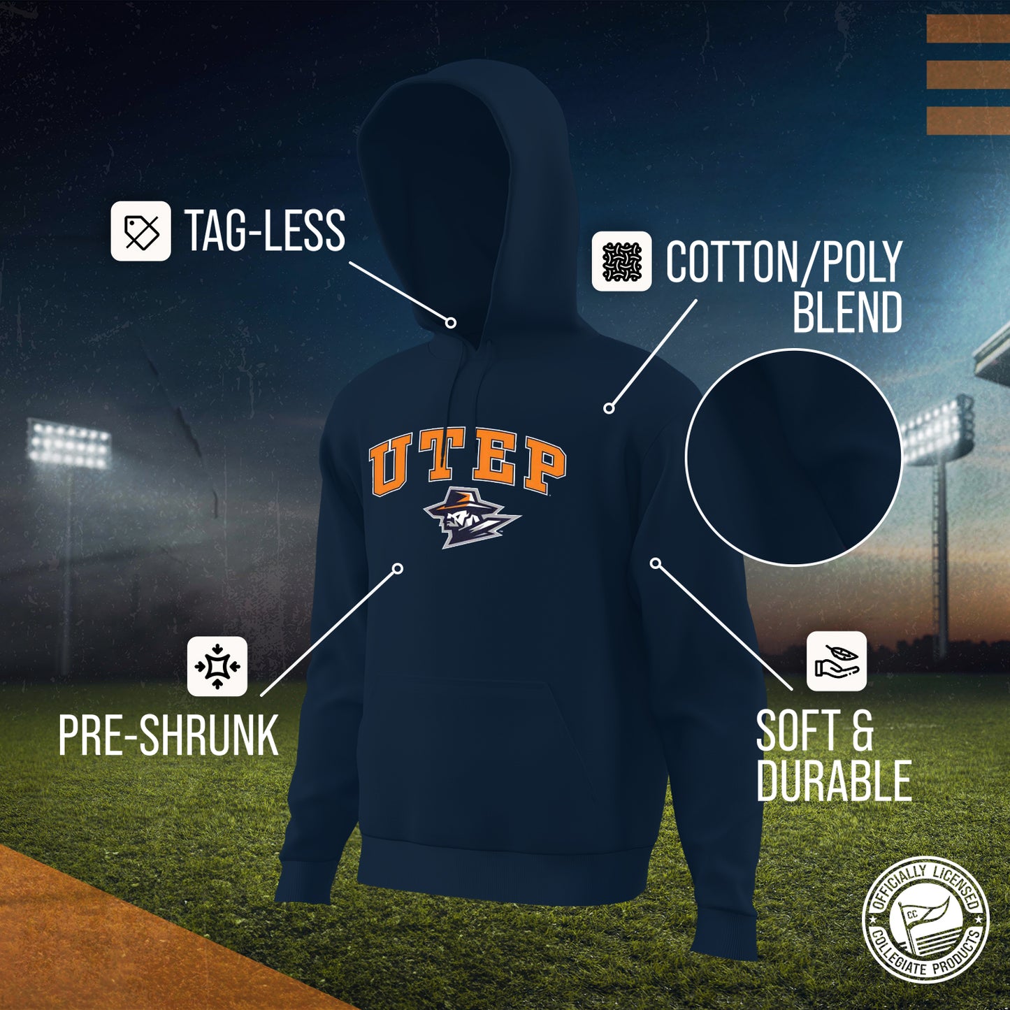UTEP Miners Adult Arch & Logo Soft Style Gameday Hooded Sweatshirt - Navy