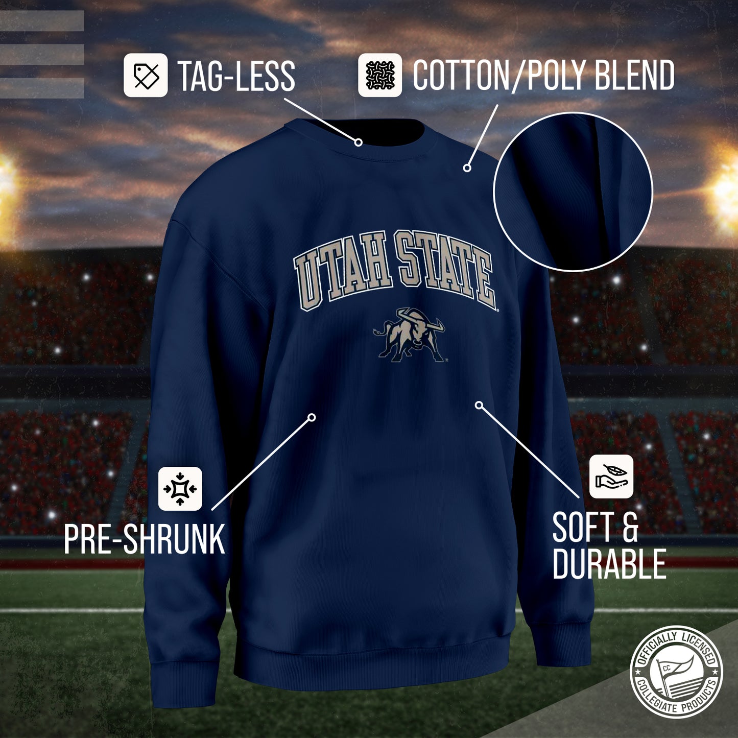 Utah State Aggies Adult Arch & Logo Soft Style Gameday Crewneck Sweatshirt - Navy