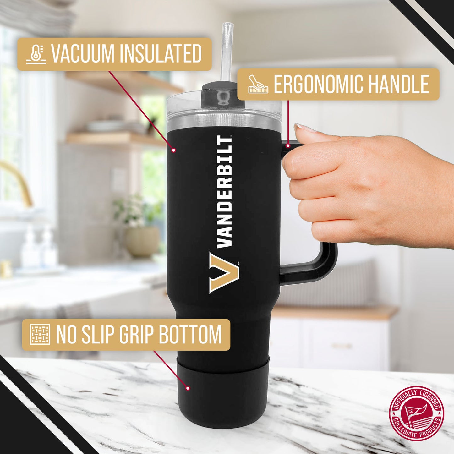 Vanderbilt Commodores College & University 40 oz Travel Tumbler With Handle - Black