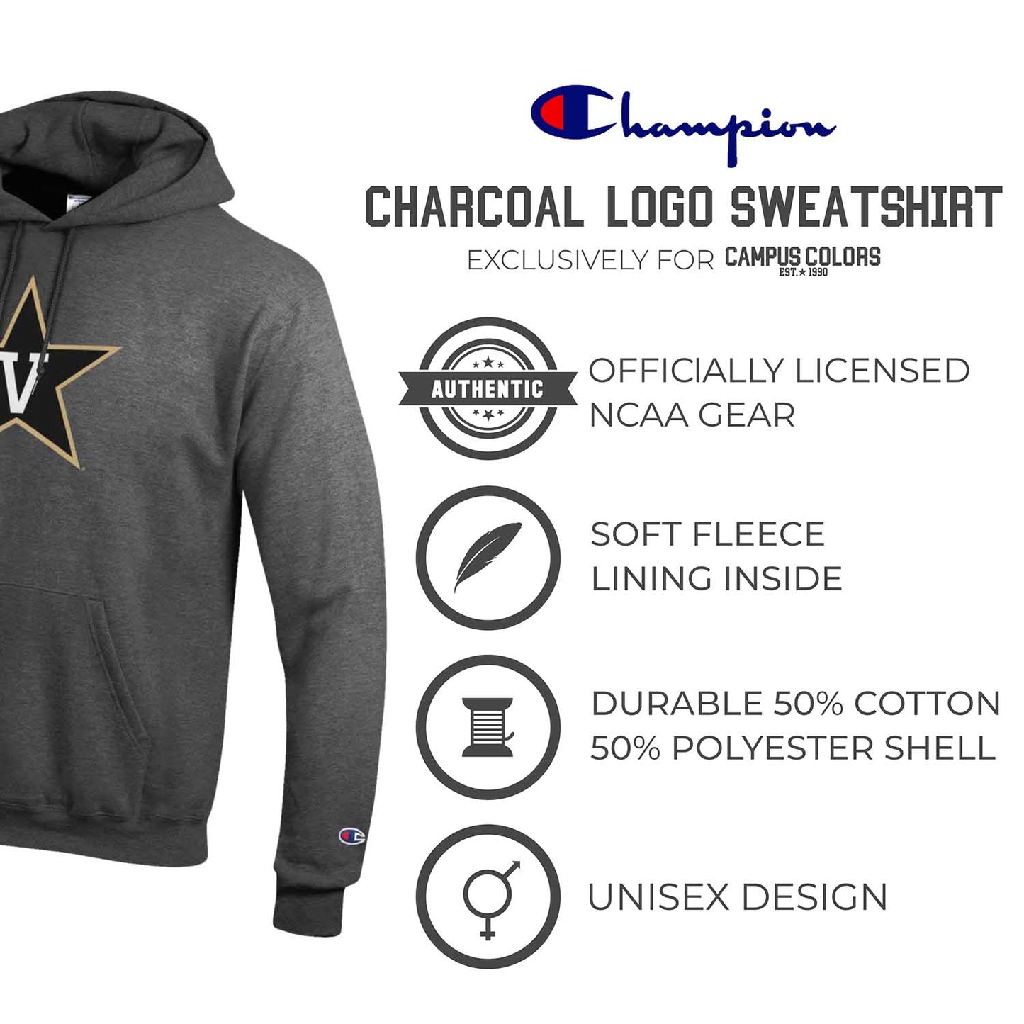 Vanderbilt Commodores Adult Mascot Fleece Hooded Sweatshirt - Charcoal