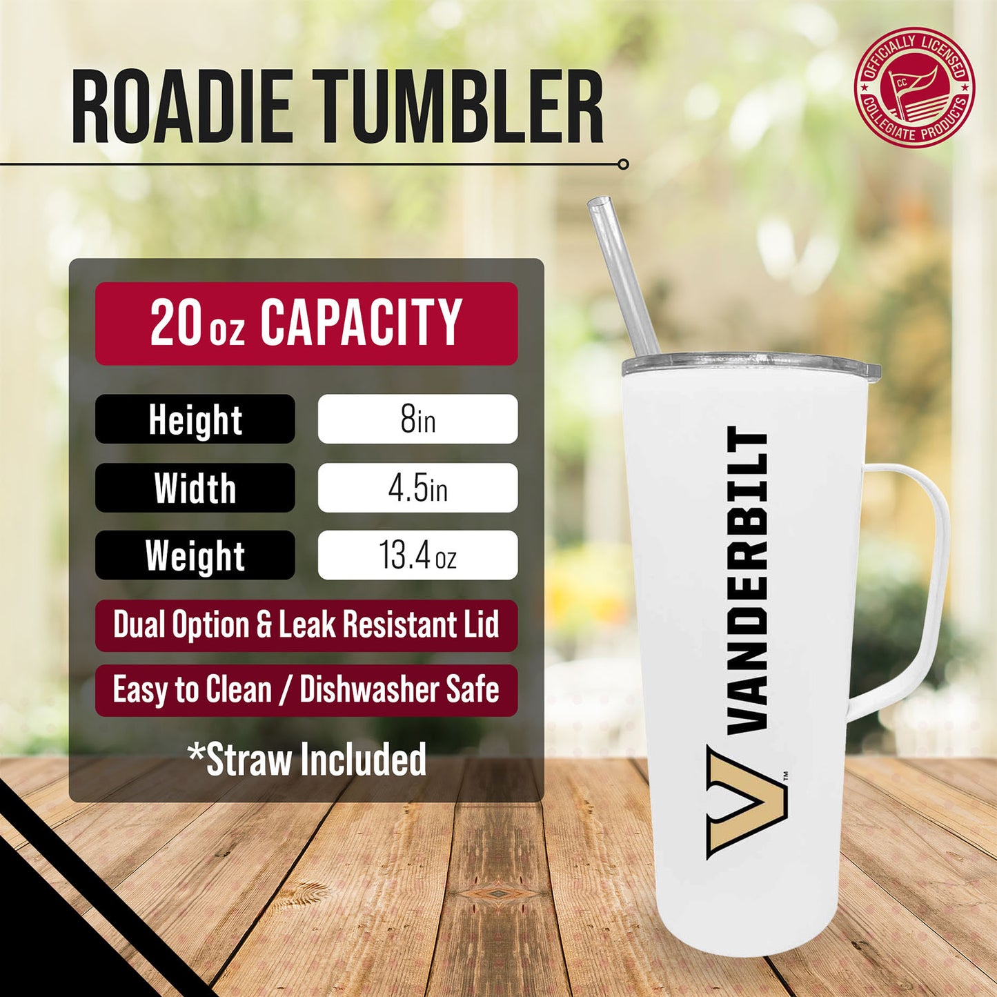 Vanderbilt Commodores NCAA Stainless Steel 20oz Roadie With Handle & Dual Option Lid With Straw - White