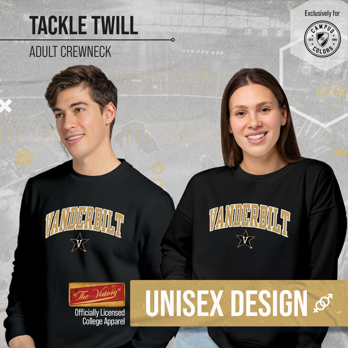 Vanderbilt Commodores NCAA Adult Tackle Twill Crewneck Sweatshirt - Black