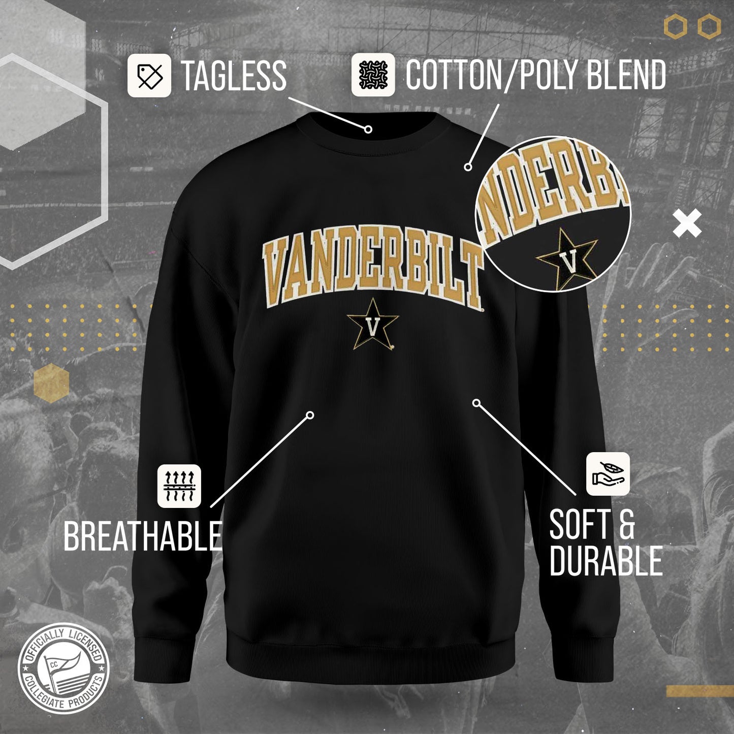 Vanderbilt Commodores NCAA Adult Tackle Twill Crewneck Sweatshirt - Black