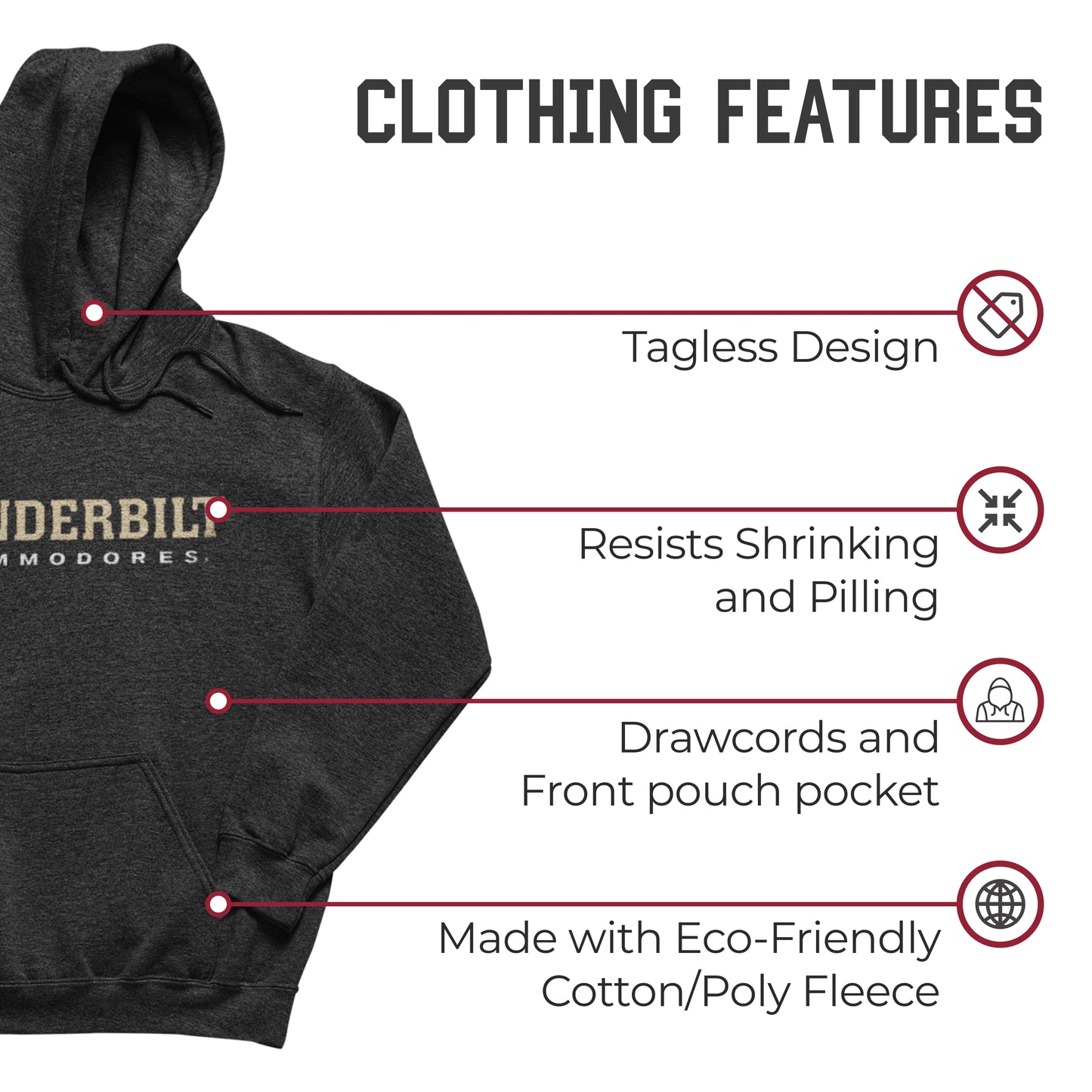 Vanderbilt Commodores NCAA Adult Cotton Blend Charcoal Hooded Sweatshirt - Charcoal
