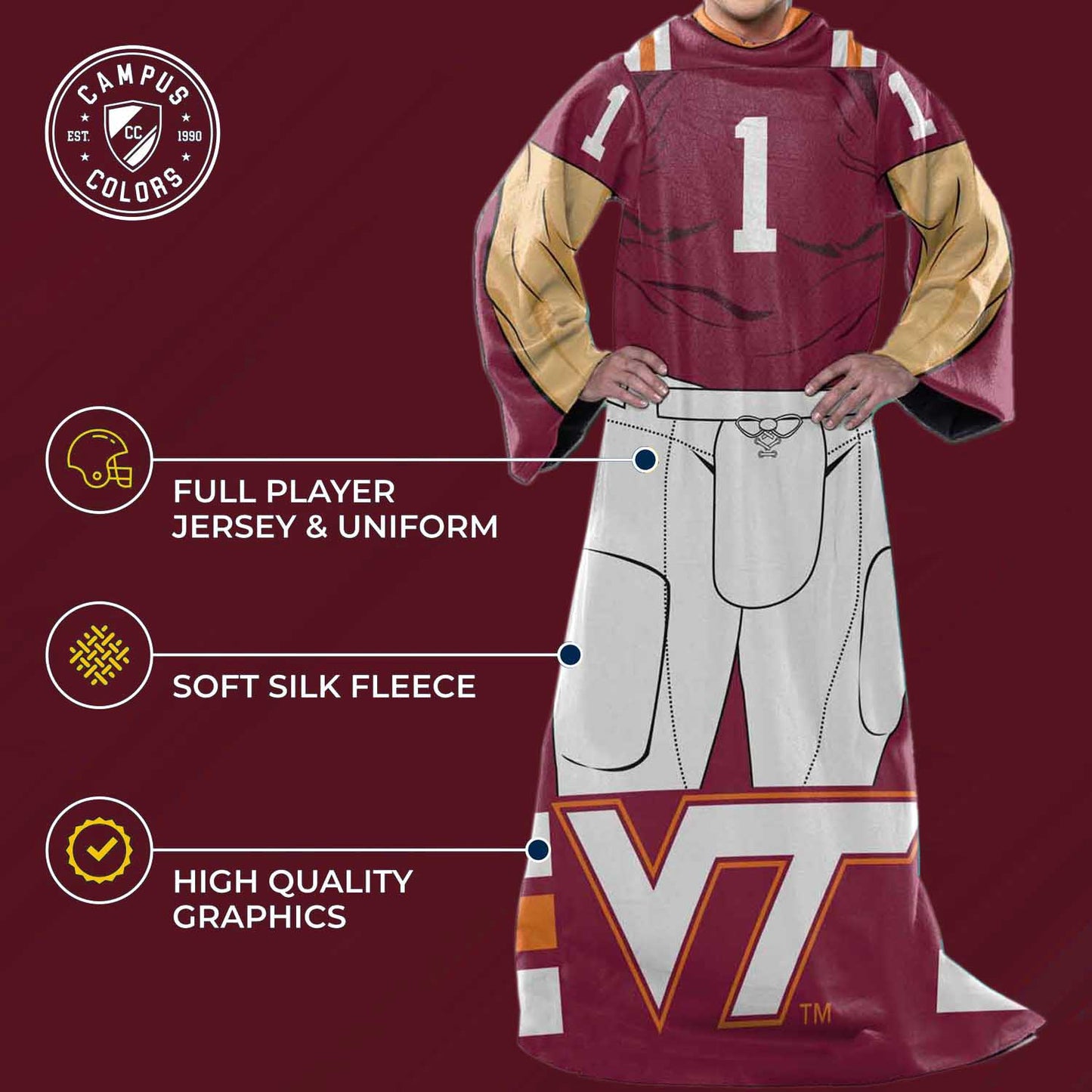 Virginia Tech Hokies NCAA Team Wearable Blanket with Sleeves - Maroon