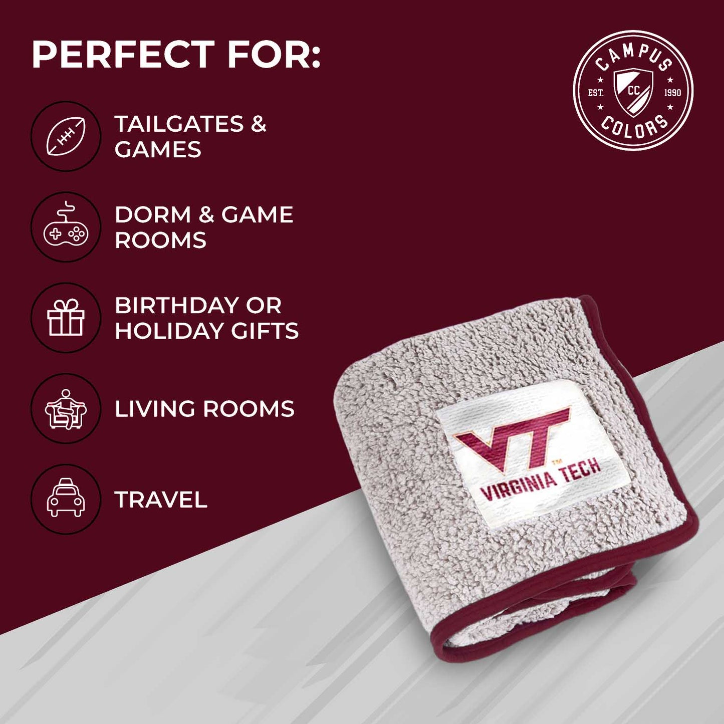 Virginia Tech Hokies NCAA Silk Sherpa College Throw Blanket - Maroon