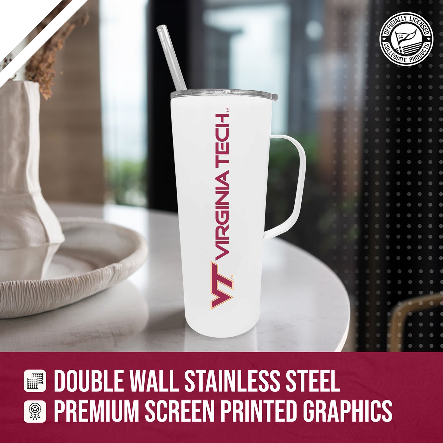 Virginia Tech Hokies NCAA Stainless Steel 20oz Roadie With Handle & Dual Option Lid With Straw - White