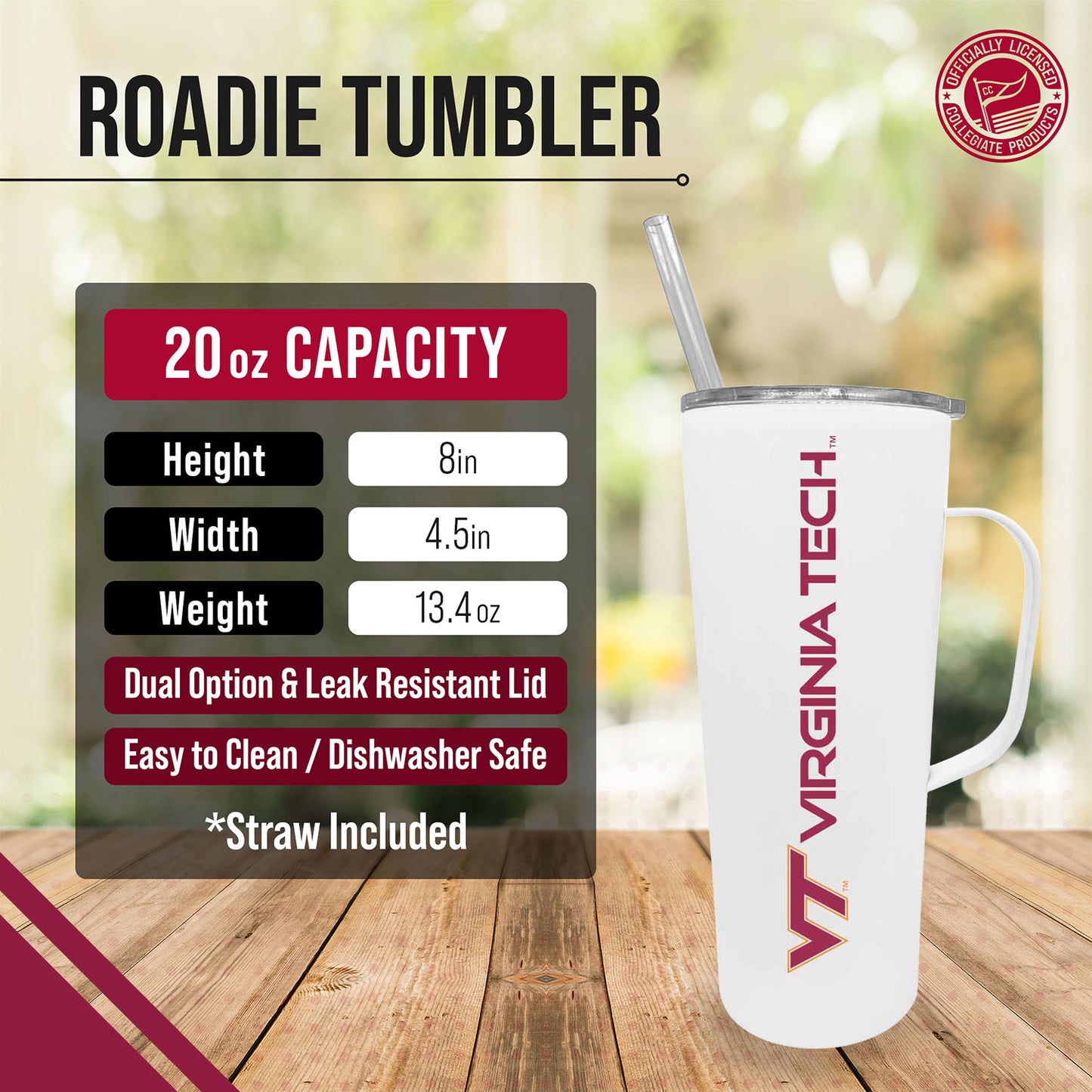 Virginia Tech Hokies NCAA Stainless Steel 20oz Roadie With Handle & Dual Option Lid With Straw - White
