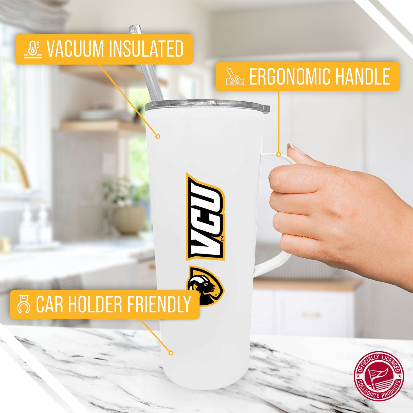 VCU Rams NCAA Stainless Steel 20oz Roadie With Handle & Dual Option Lid With Straw - White