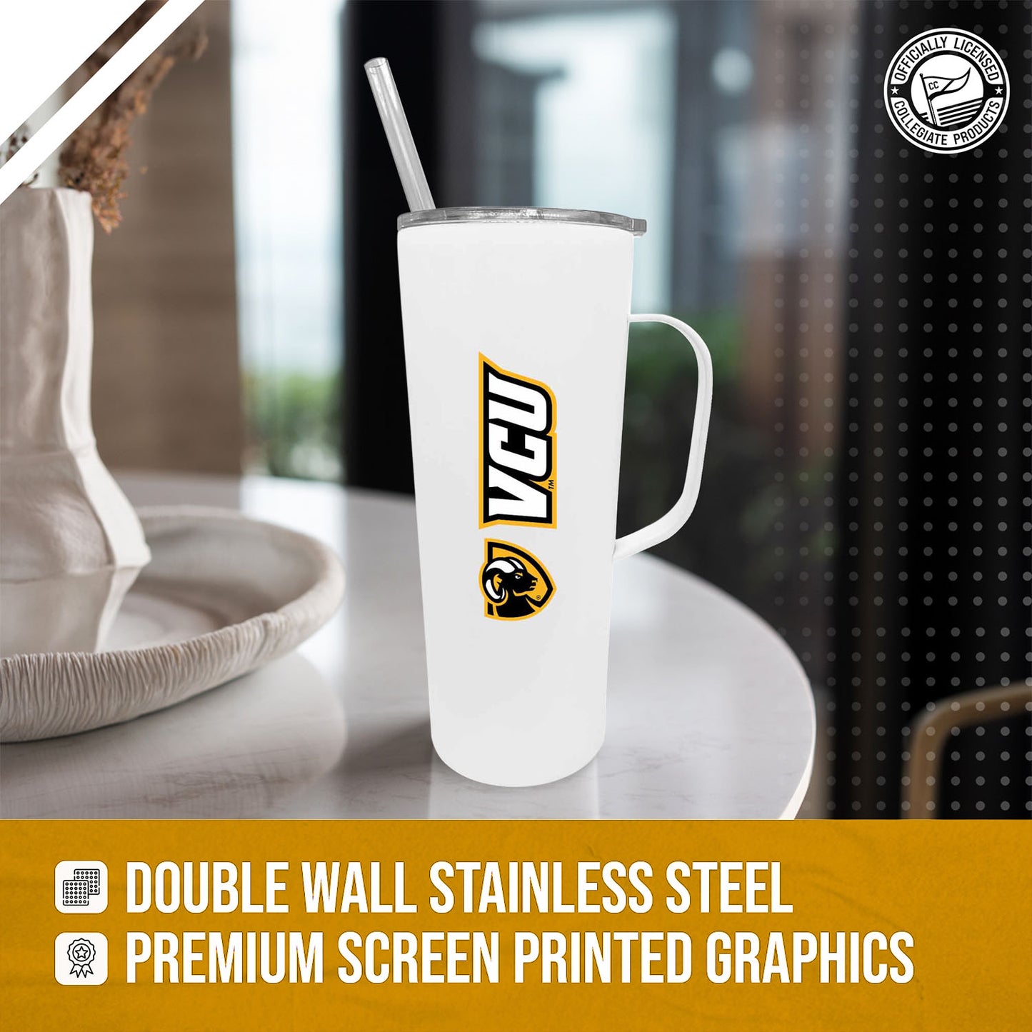 VCU Rams NCAA Stainless Steel 20oz Roadie With Handle & Dual Option Lid With Straw - White