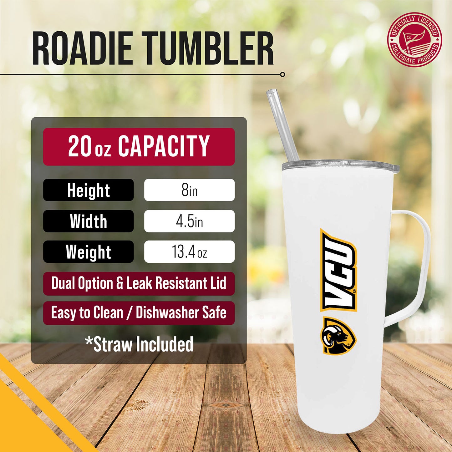 VCU Rams NCAA Stainless Steel 20oz Roadie With Handle & Dual Option Lid With Straw - White