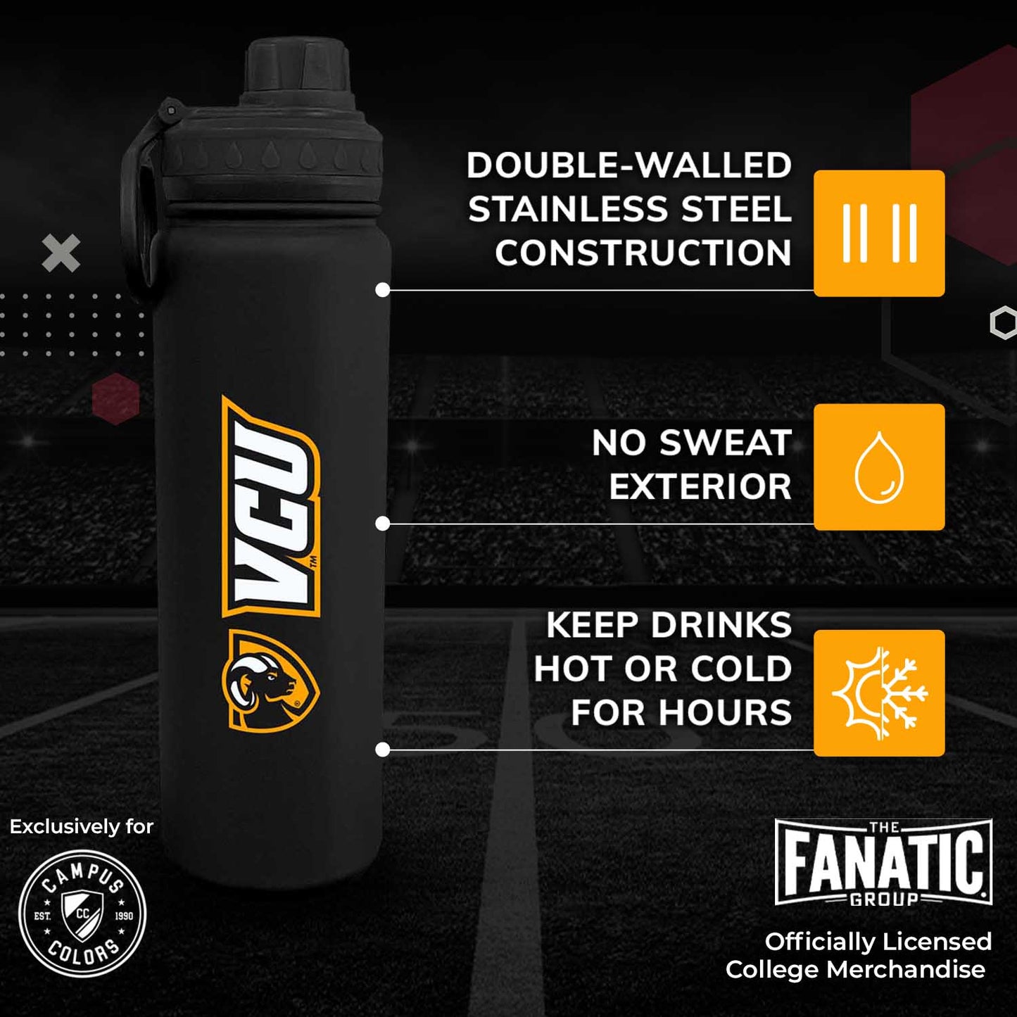 VCU Rams NCAA Stainless Steel Water Bottle - Black