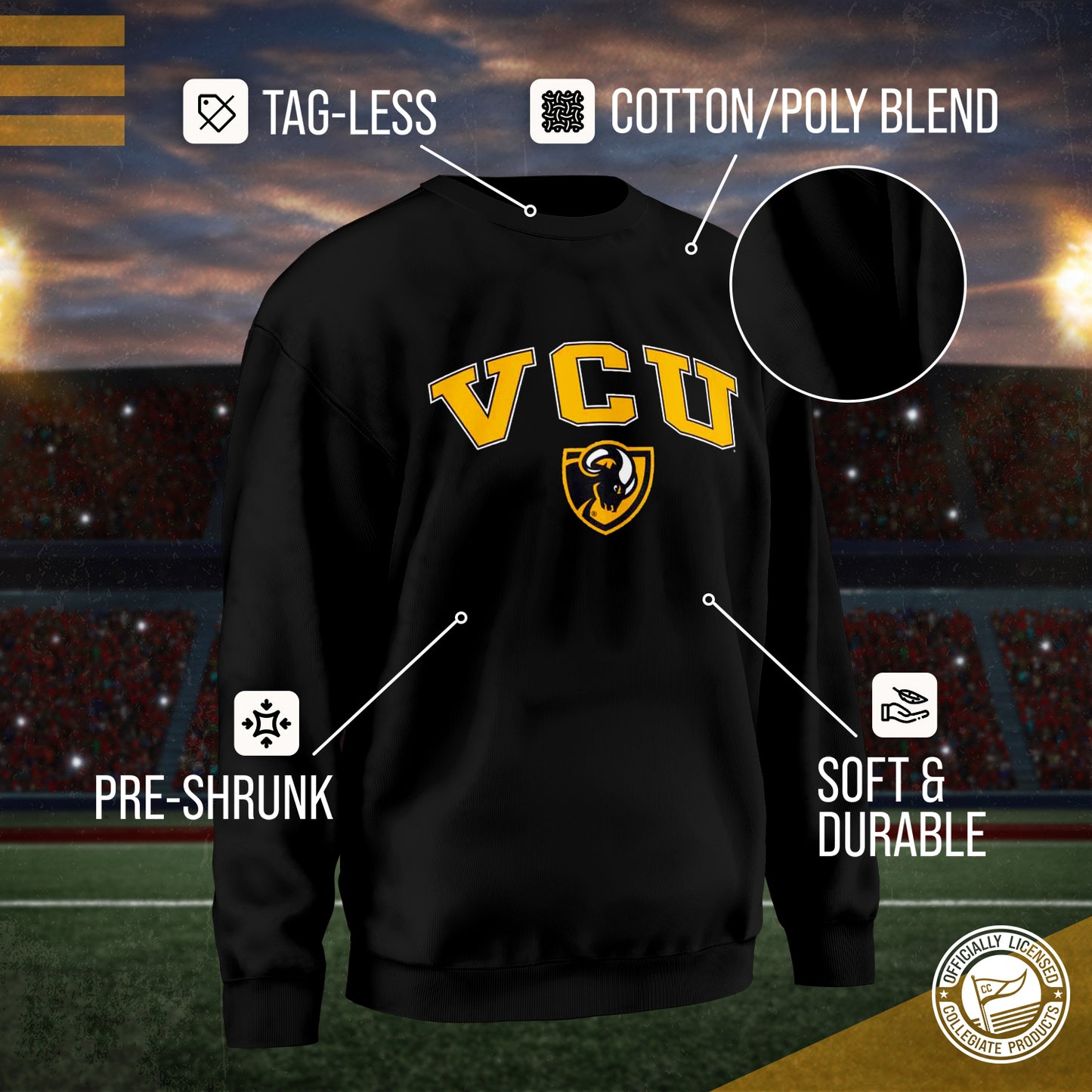 VCU Rams Adult Arch & Logo Soft Style Gameday Crewneck Sweatshirt - Black
