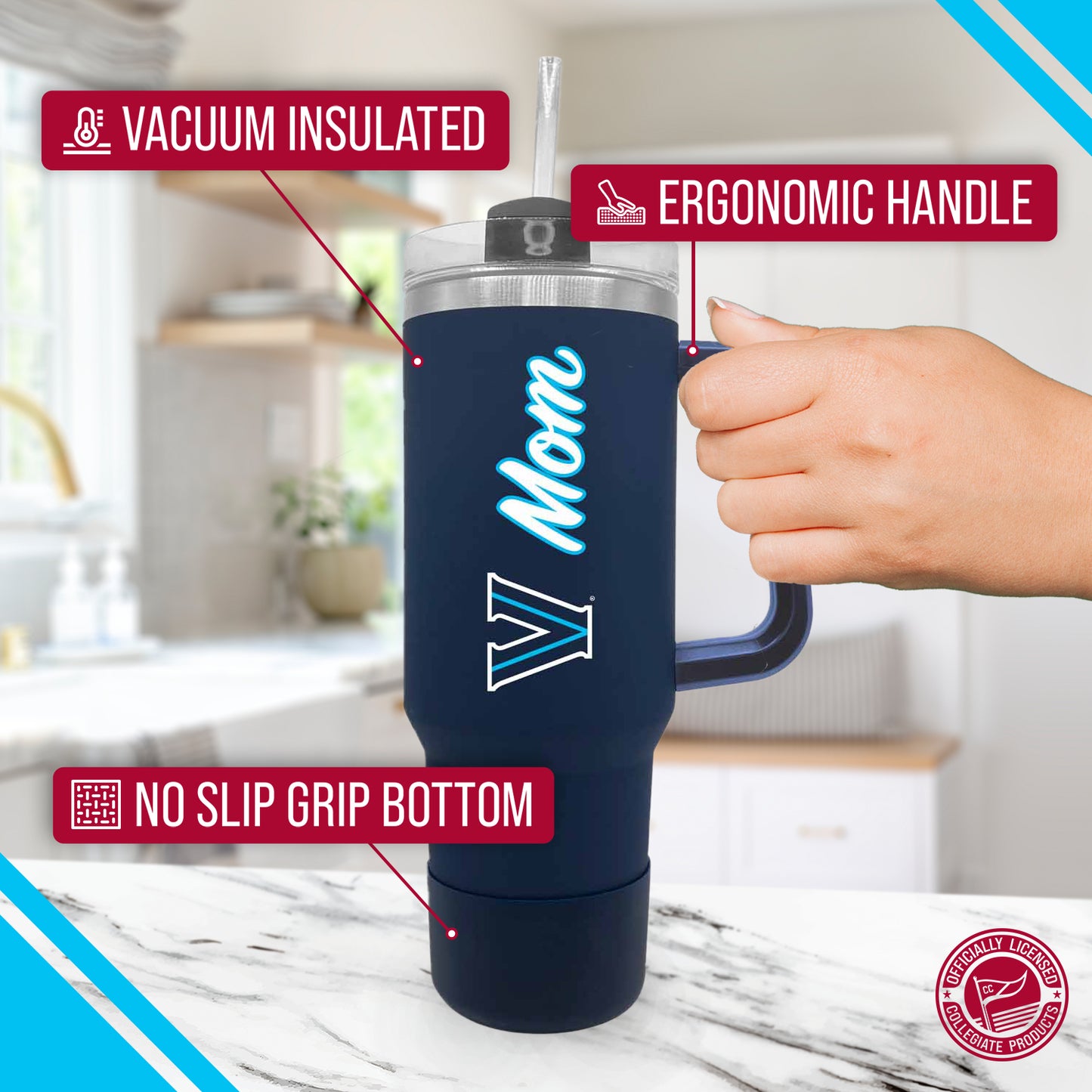 Villanova Wildcats Collegiate 40oz Stainless Steel Travel Tumbler with Handle for Mom - Navy
