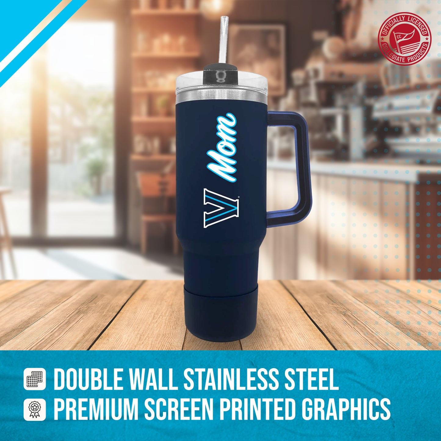 Villanova Wildcats Collegiate 40oz Stainless Steel Travel Tumbler with Handle for Mom - Navy