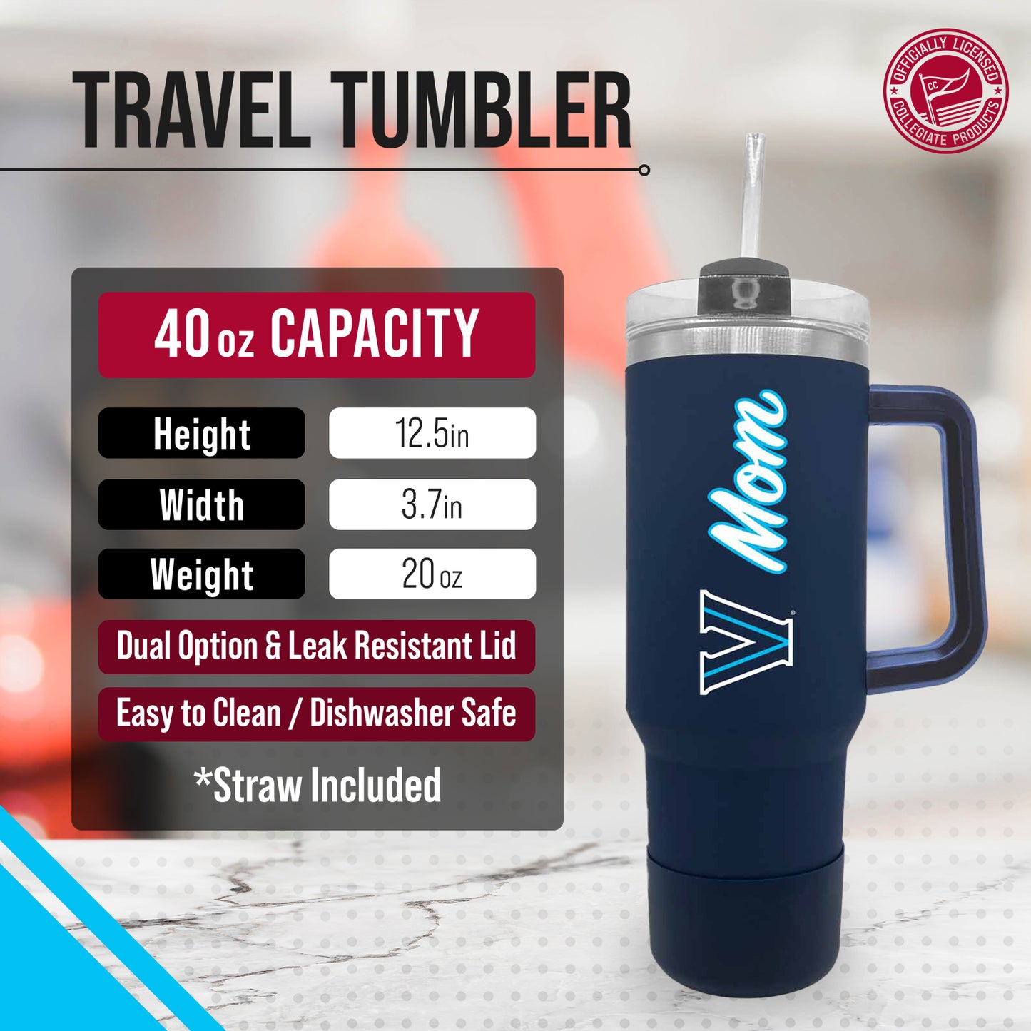 Villanova Wildcats Collegiate 40oz Stainless Steel Travel Tumbler with Handle for Mom - Navy