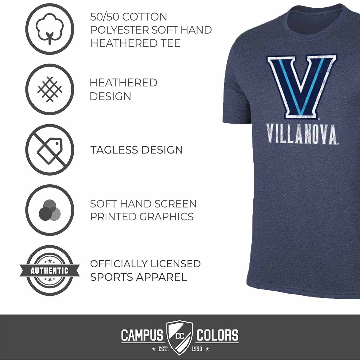 Villanova Wildcats Adult MVP Heathered Cotton Blend T-Shirt - Navy