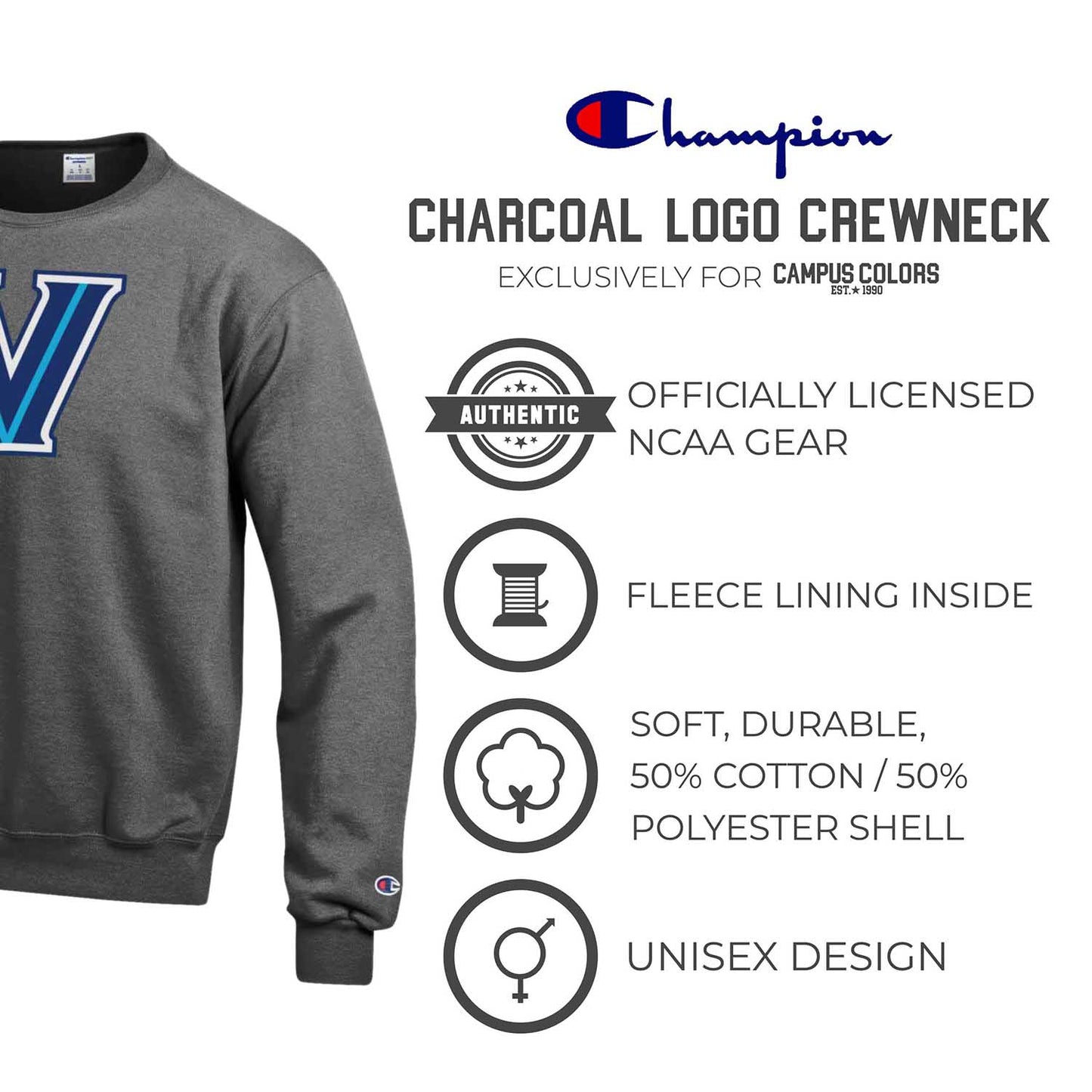 Villanova Wildcats Adult Mascot Fleece Crewneck - Charcoal