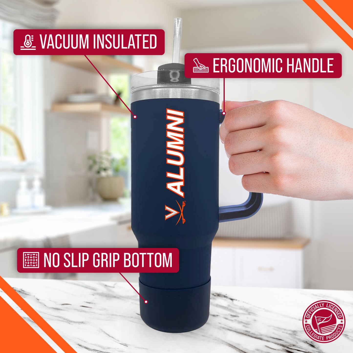Virginia Cavaliers Collegiate 40oz Stainless Steel Travel Tumbler with Handle for Alumni - Navy