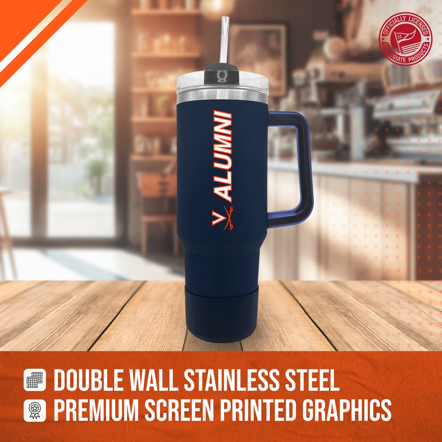 Virginia Cavaliers Collegiate 40oz Stainless Steel Travel Tumbler with Handle for Alumni - Navy