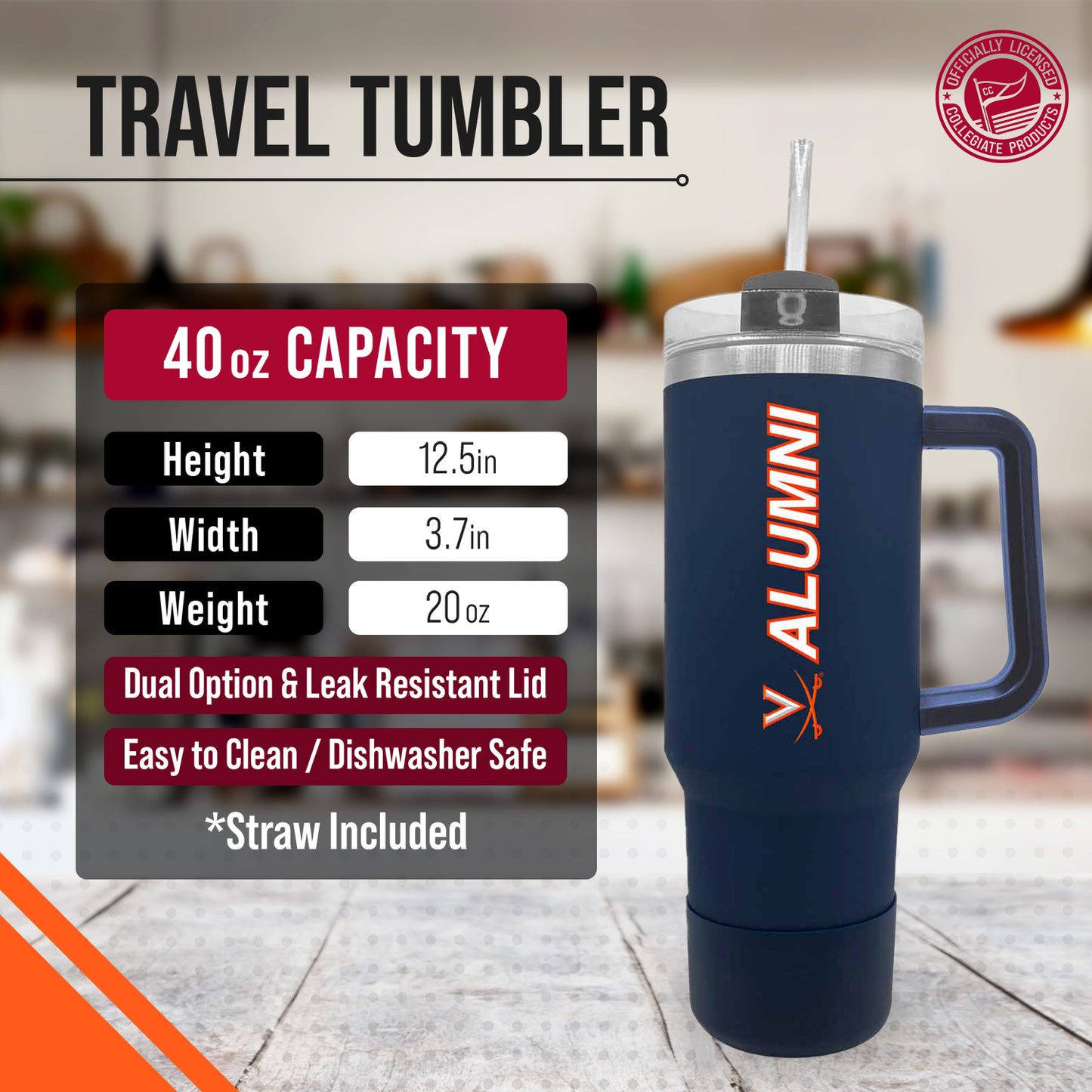 Virginia Cavaliers Collegiate 40oz Stainless Steel Travel Tumbler with Handle for Alumni - Navy