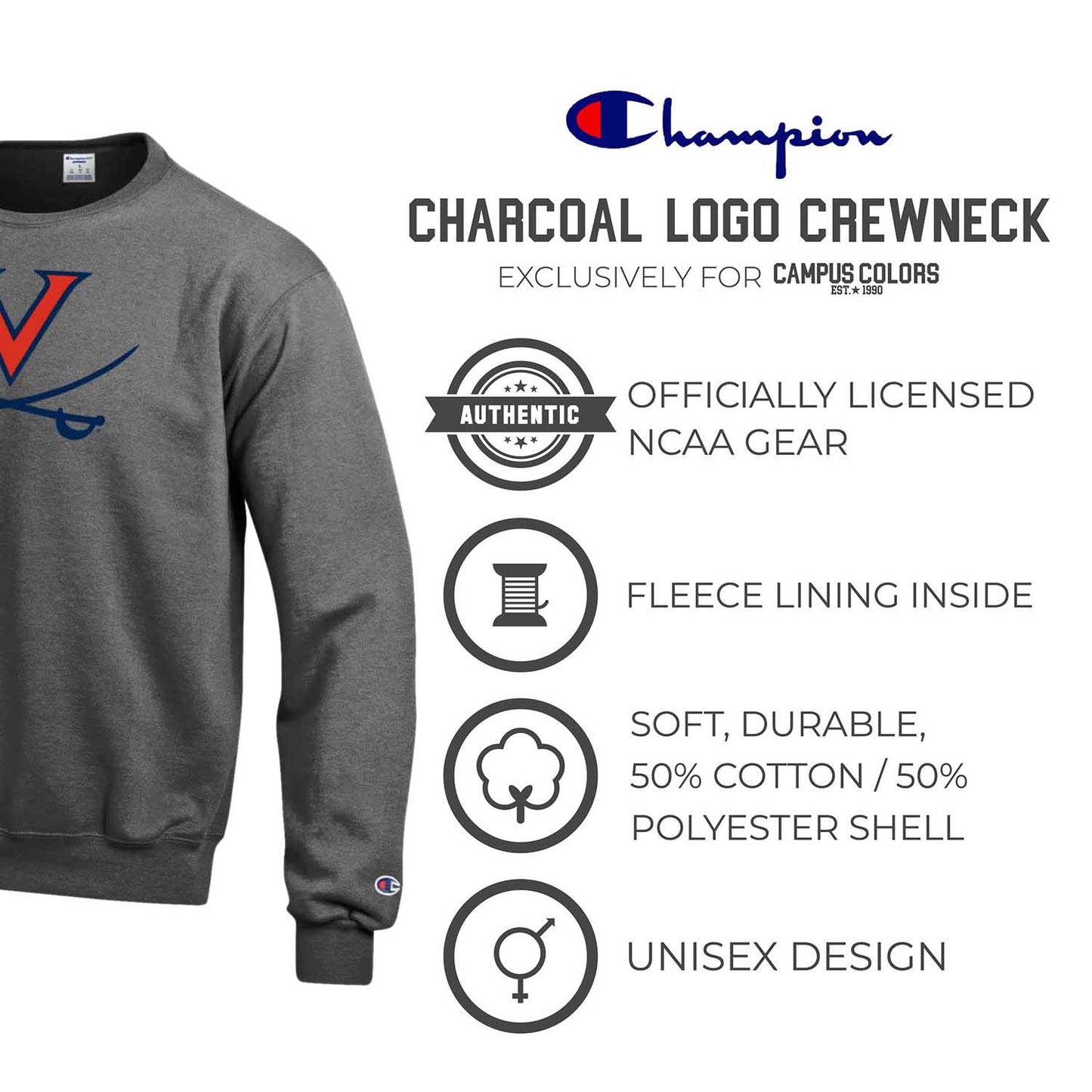 Virginia Cavaliers Adult Mascot Fleece Crewneck - Charcoal