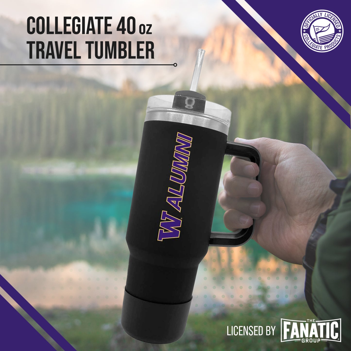 Washington Huskies Collegiate 40oz Stainless Steel Travel Tumbler with Handle for Alumni - Black