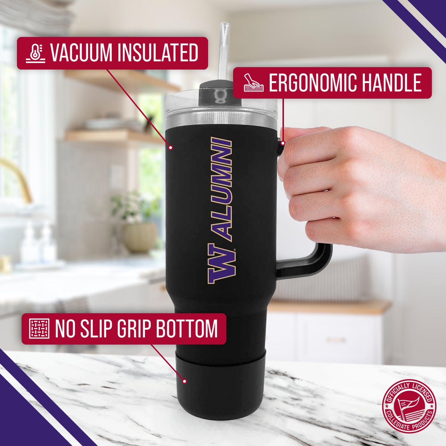 Washington Huskies Collegiate 40oz Stainless Steel Travel Tumbler with Handle for Alumni - Black