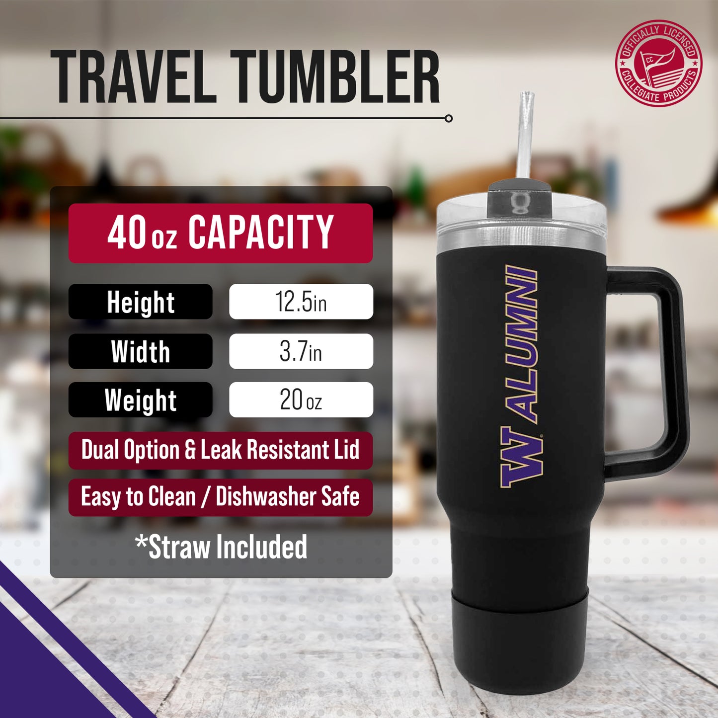 Washington Huskies Collegiate 40oz Stainless Steel Travel Tumbler with Handle for Alumni - Black