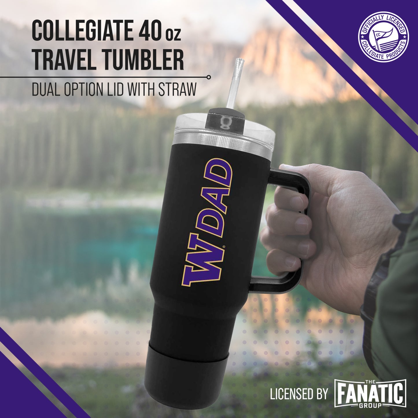 Washington Huskies Collegiate 40oz Stainless Steel Travel Tumbler with Handle for Dad - Black